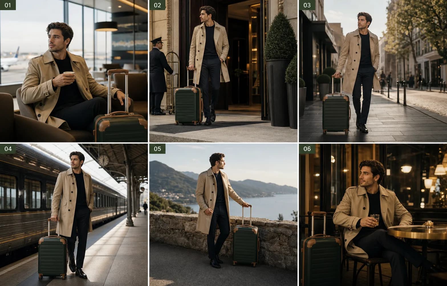 A six-panel travel storyboard with consistent character and suitcase