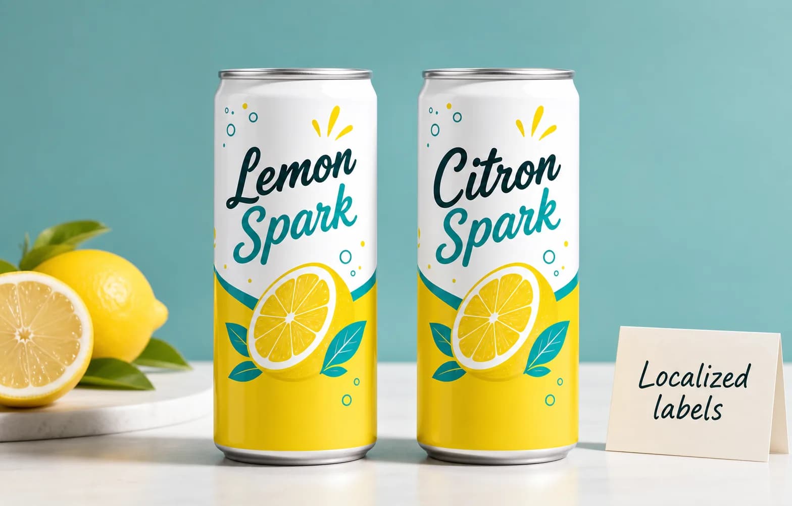 Two matching lemonade cans with localized English and French labels