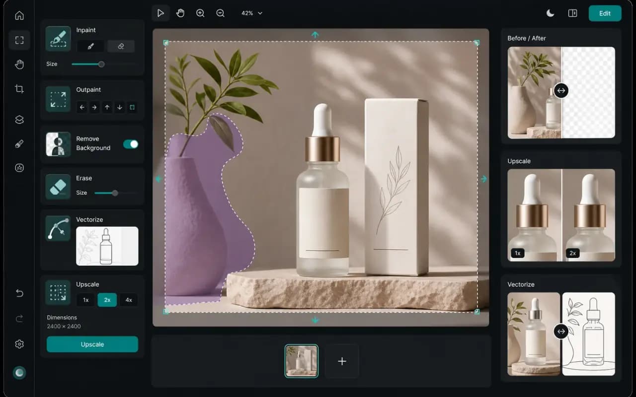 AI image editing workspace with mask, remove background, and upscale tools